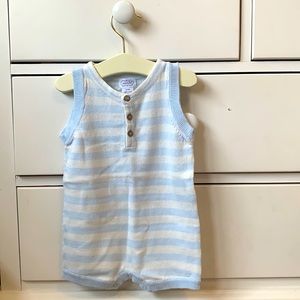Mudpie baby blue knit shortall, NWT, 6-9months blue and white striped